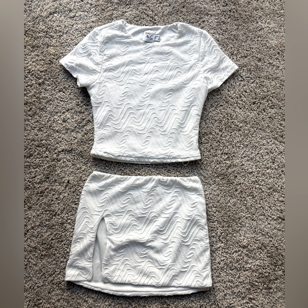White matching set high slit skirt & babydoll top by Princess Polly